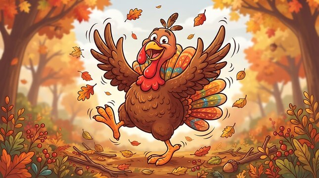 Playful Cartoon Turkey in Autumn Forest