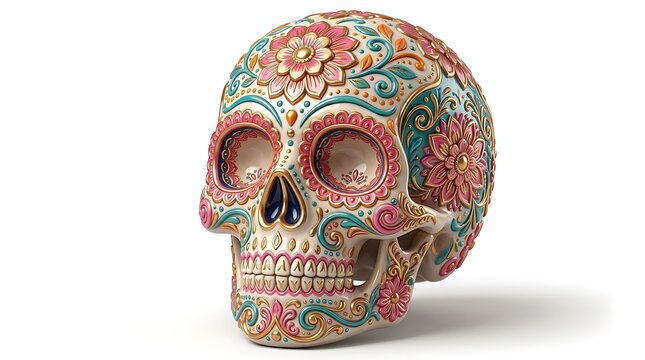 Traditional Mexican sugar skull decorated with vibrant pink and turquoise floral patterns featuring golden accents crafted in a distinct three dimensional style against a clean bright white studio bac