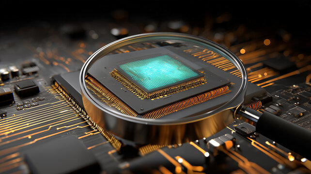 A magnifying glass examining a microprocessor on an electronic circuit board represents semiconductor inspection and advanced chip analysis.