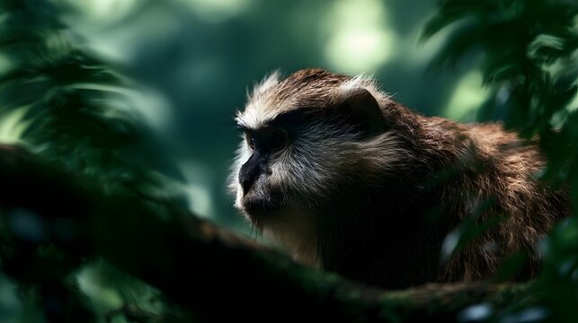 A close up of a monkey with brown and white fur resting among green foliage in a forest environment