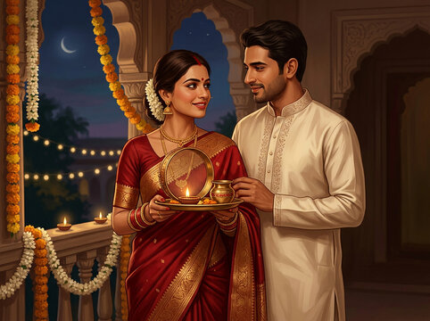 Indian Couple in Traditional Attire with a Ritual Tray Beneath Marigold Garlands
