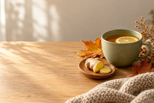 Warm lemon tea with fresh ginger and knitted blanket in cozy autumn setting