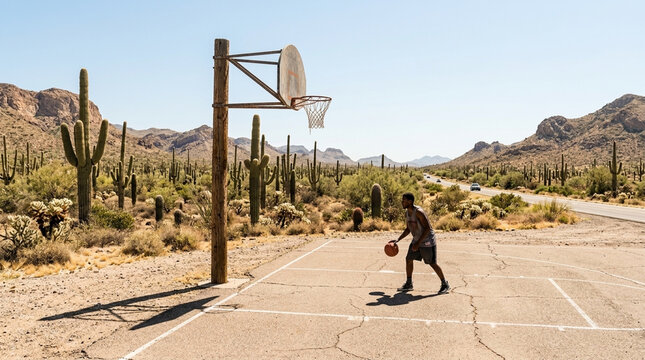 Lone athlete dribbles basketball on desert court surrounded by saguaro cacti and arid mountains symbolizing perseverance