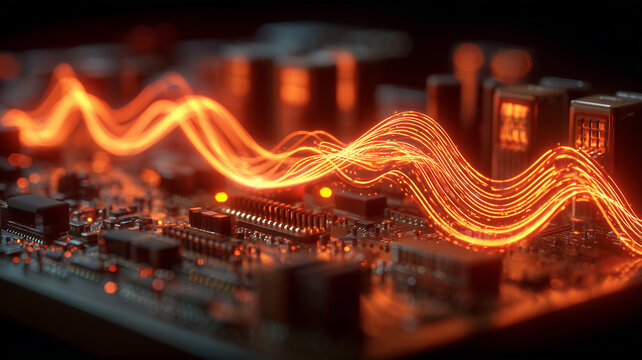 Glowing data streams flowing across an electronic circuit board illustrate high speed signal transmission and the movement of digital information.