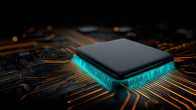 A microprocessor mounted on an illuminated circuit board represents semiconductor innovation and high performance digital processing.