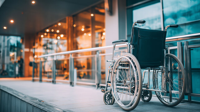 An empty wheelchair positioned beside an accessible building ramp represents inclusive mobility and equal access for people with disabilities.