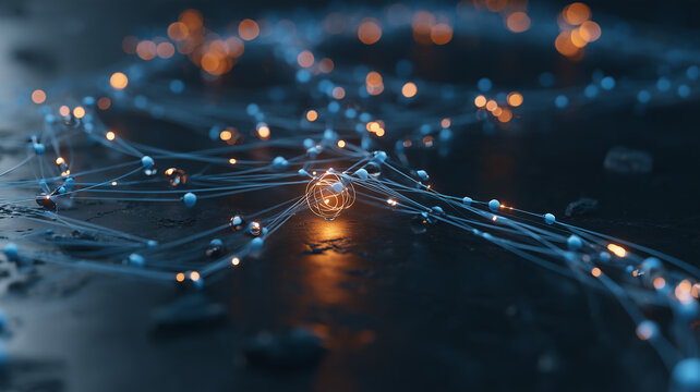 A glowing network of interconnected nodes and digital pathways illustrating global communication and complex data connectivity systems.