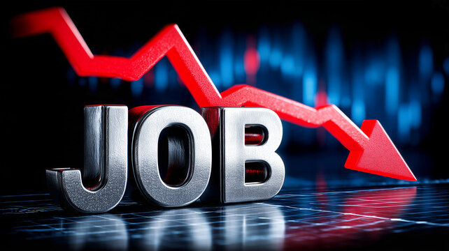 The word JOB beside a falling financial arrow symbolizing job losses and declining employment during an economic downturn.