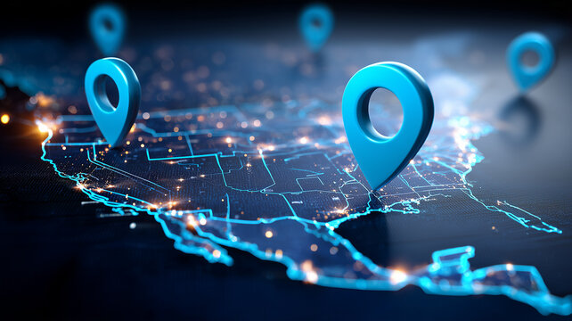 Location pins spread across a digital map illustrate geolocation tracking and intelligent navigation between connected destinations.
