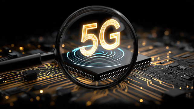 A magnifying glass focusing on a 5G symbol above an electronic chip illustrating wireless network technology and telecommunications research.