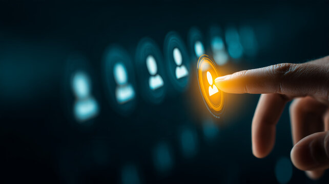 A finger selecting a digital person icon from a row of profiles representing candidate recruitment and talent selection.