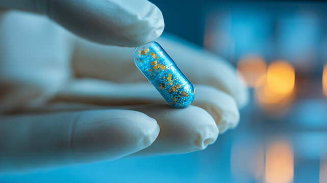 A gloved hand holding a transparent medicine capsule filled with granules representing pharmaceutical research and advanced drug formulation.