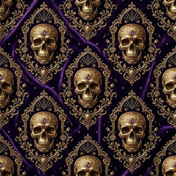Luxurious seamless pattern featuring ornate gold skulls adorned with glowing purple gemstones framed by intricate baroque scrollwork and spiderwebs against a rich dark velvet fabric backdrop filling t