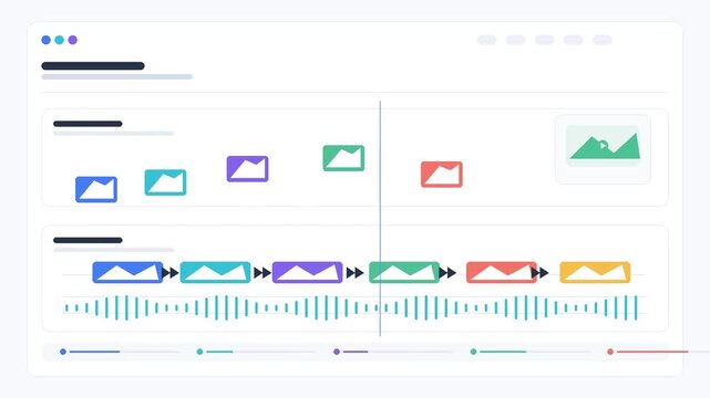 Video Editing Software Interface Illustration Showing Project Timeline with Audio Waveform and Colorful Clips on White Background