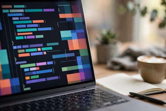 Laptop screen showing colorful programming code on developer desk