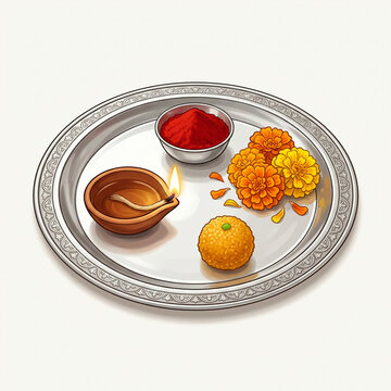 Silver Ritual Tray with Clay Diya, Vermilion Powder, Marigold Flowers, and Sweet