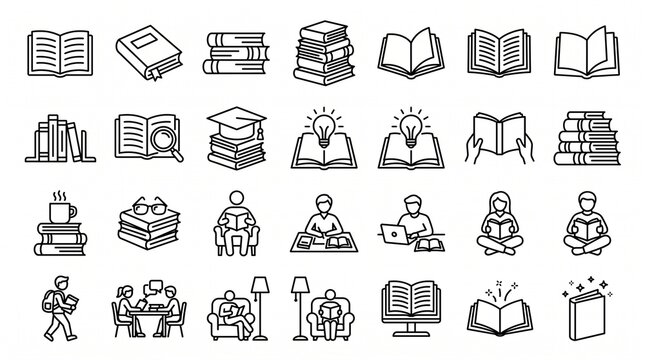 Black and white book and reading icon collection featuring open books, stacked books, textbooks, and people studying, clean minimalist line art, isolated on white background.