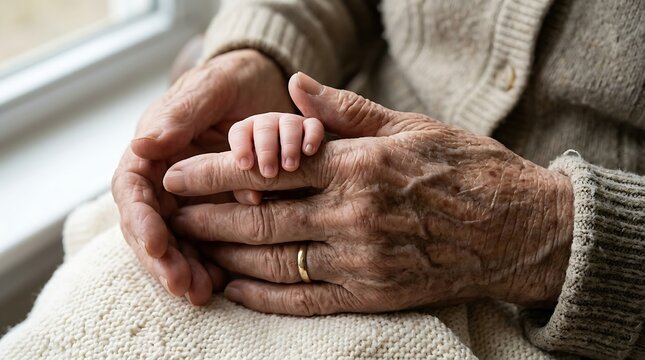 Close up of deeply wrinkled elderly hands gently holding the tiny hand of a newborn baby, generational family legacy