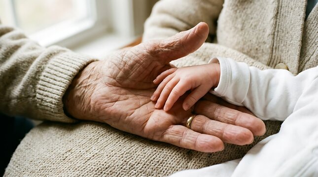 Close up of deeply wrinkled elderly hands gently holding the tiny hand of a newborn baby, generational family legacy
