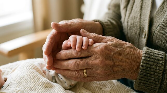 Close up of deeply wrinkled elderly hands gently holding the tiny hand of a newborn baby, generational family legacy