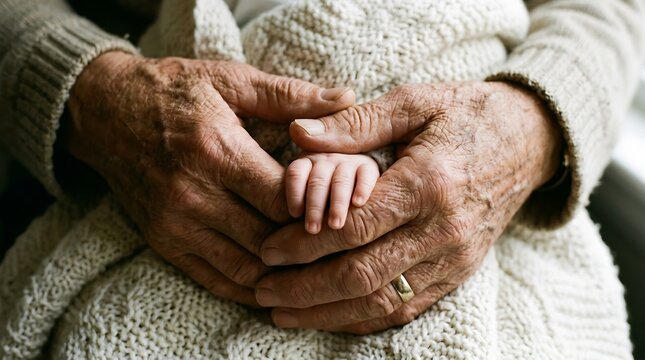 Close up of deeply wrinkled elderly hands gently holding the tiny hand of a newborn baby, generational family legacy