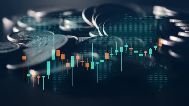 Global financial market, candlestick chart and world map over pile of silver coins, international trading