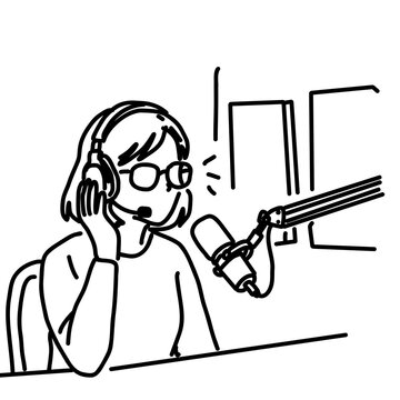 Woman podcaster with glasses speaking into microphone in radio studio line art illustration