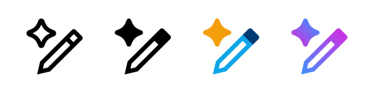 AI edit icon with pencil and sparkle. Artificial intelligence write, create or modify buttons for app, UI and website