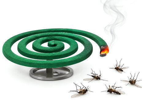 An image of a green mosquito coil placed on a metal stand, emitting smoke to repel or kill mosquitoes.