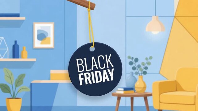Black friday sale tag hanging in a modern living room illustration