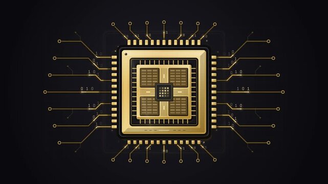 Golden CPU microchip with circuit tracks on dark background