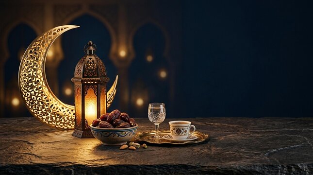 Islamic Ramadan Iftar Tradition with Crescent Moon Lantern Dates Coffee and Water on Dark Stone Table against Mosque Arches