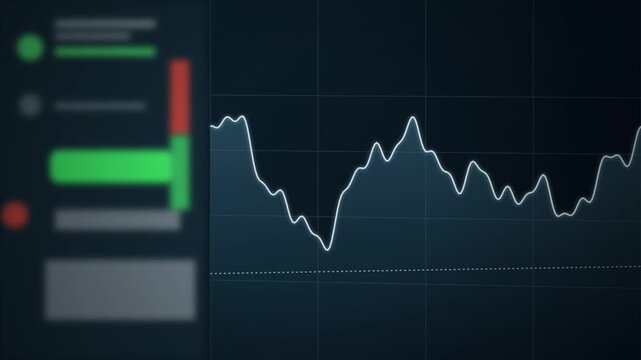Financial stock market trading chart displaying real time data fluctuations with glowing lines on dark digital interface