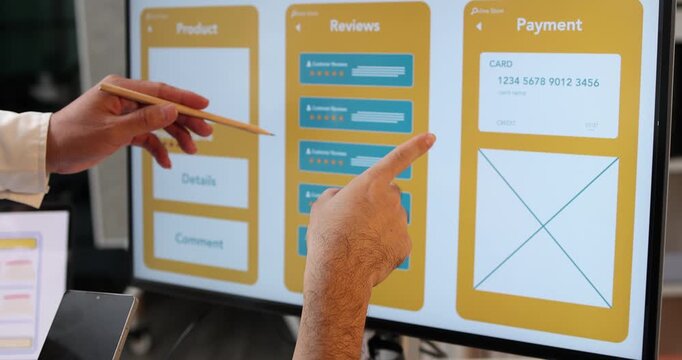 UX UI design and user experience development, featuring creative professionals collaborating on interface layouts, reviewing design prototypes, and refining visual elements to create intuitive.