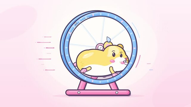 Cute cartoon hamster running on an exercise wheel