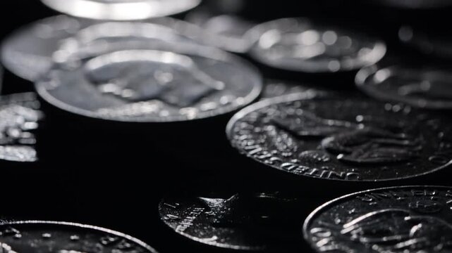 Silver dollar coins texture, pile of money in dramatic light on dark background, wealth and value