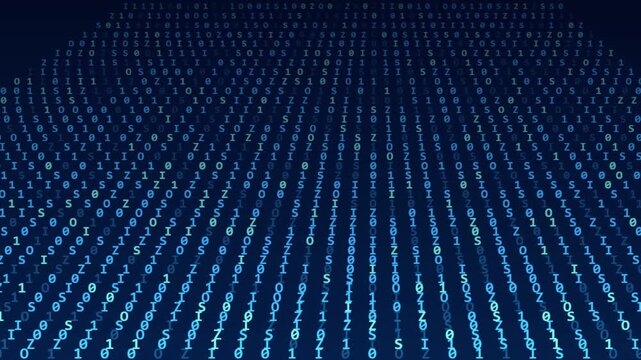 Binary code stream flowing vertically against dark blue background creating abstract digital technology motion graphics
