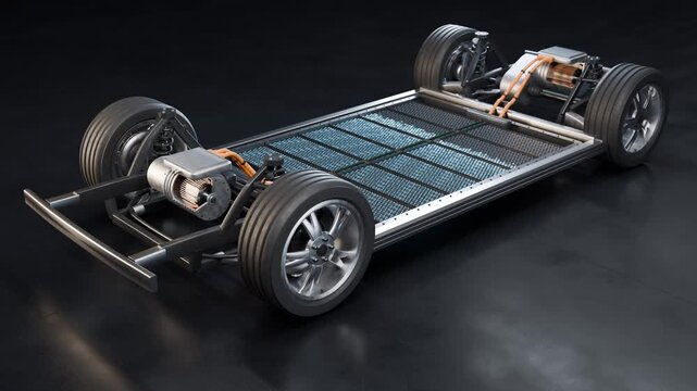 Electric car chassis without body charging on wireless pad, battery cells glowing, then wheels spinning and driving, seamless loop 4K