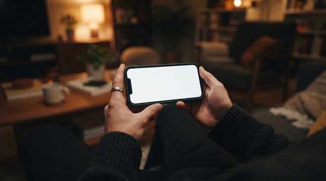 Horizontal smartphone mockup in hands with blank screen in dark cozy living room, mobile UI template for app interface, streaming, website preview, and advertising copyspace.