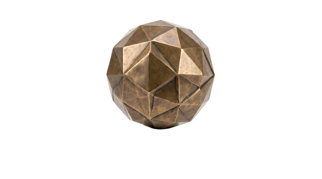 Geometric bronze orb sculpture, modern metallic polyhedral sphere ornament, faceted brass decorative object for interior decor isolated PNG with Transparent Background
