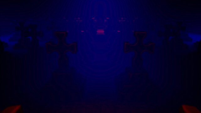 Ornamental Cross Headstones in Blue and Red Light