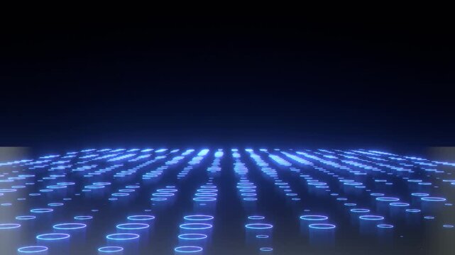青と紫に発光する円形デジタルライトが動く近未来的なサイバー空間のループ動画