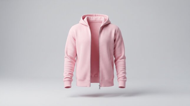 Pink zip hoodie mockup, front view slightly unzipped on gray studio background, blank hooded sweatshirt template with zipper and drawstrings for branding, ecommerce copyspace.