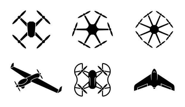 Drone silhouettes set with quadcopter, hexacopter, octocopter, propeller plane and flying wing for technology and surveillance