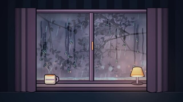 Pixel art animation of rain falling outside a cozy room window