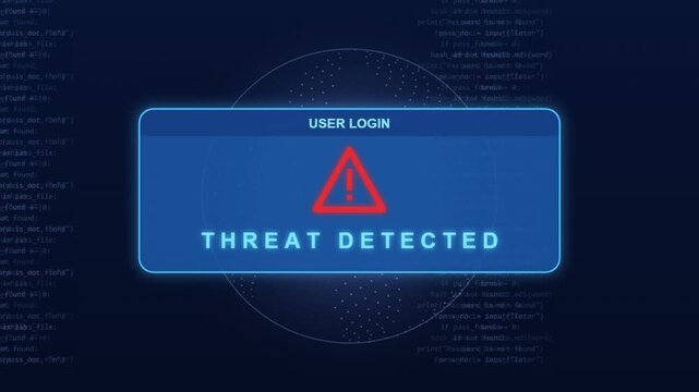 Cyber security warning notification showing threat detected alert message on digital screen with programming code background