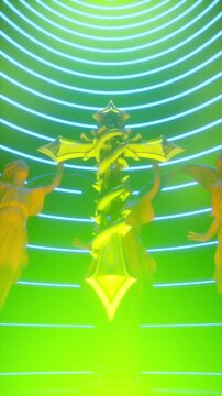 Ornate Cross and Statues with Changing Neon Light Vertical