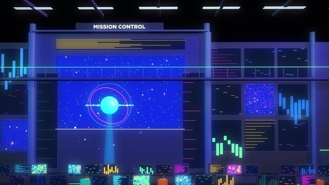 Cartoon Mission Control Room with Screens and Hologram Loop