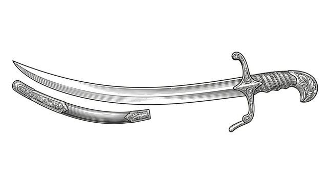 Ornate Vintage Curved Saber Sword with Decorative Scabbard Hand Drawn Etching Style