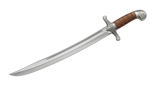 Realistic illustration of a curved saber sword with ornate hilt and leather handle